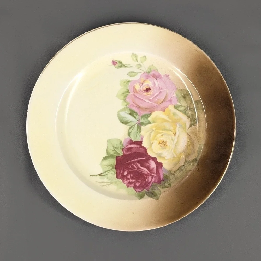 Vintage Hand Painted Porcelain Rose Floral Plate Cream Brown 10 Inch Decorative